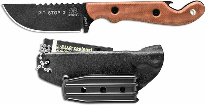 TOPS Knives PSK Pit Stop 3 Knife PSK-01 - Black Traction Coated 1095 - Tan Canvas Micarta - USA Made 3 TOPS Knives PSK Pit Stop 3 Knife PSK-01 - Black Traction Coated 1095 - Tan Canvas Micarta - USA Made